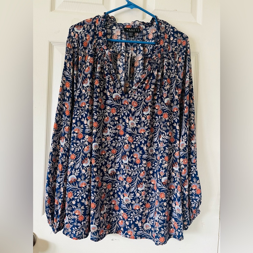 Grace the Perfect Fit Floral Blouse - Navy and Coral Long Balloon Sleeve Sz 1X
